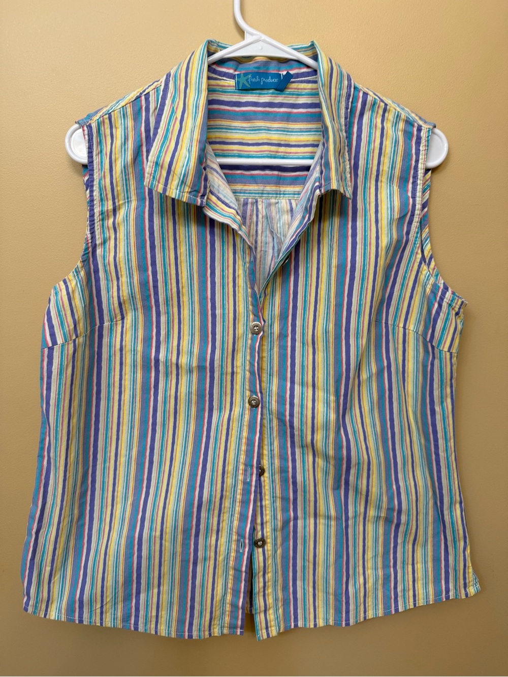 Koret Petite Sleeveless Button-Up Shirt - Yellow, Blue, Purple Stripes